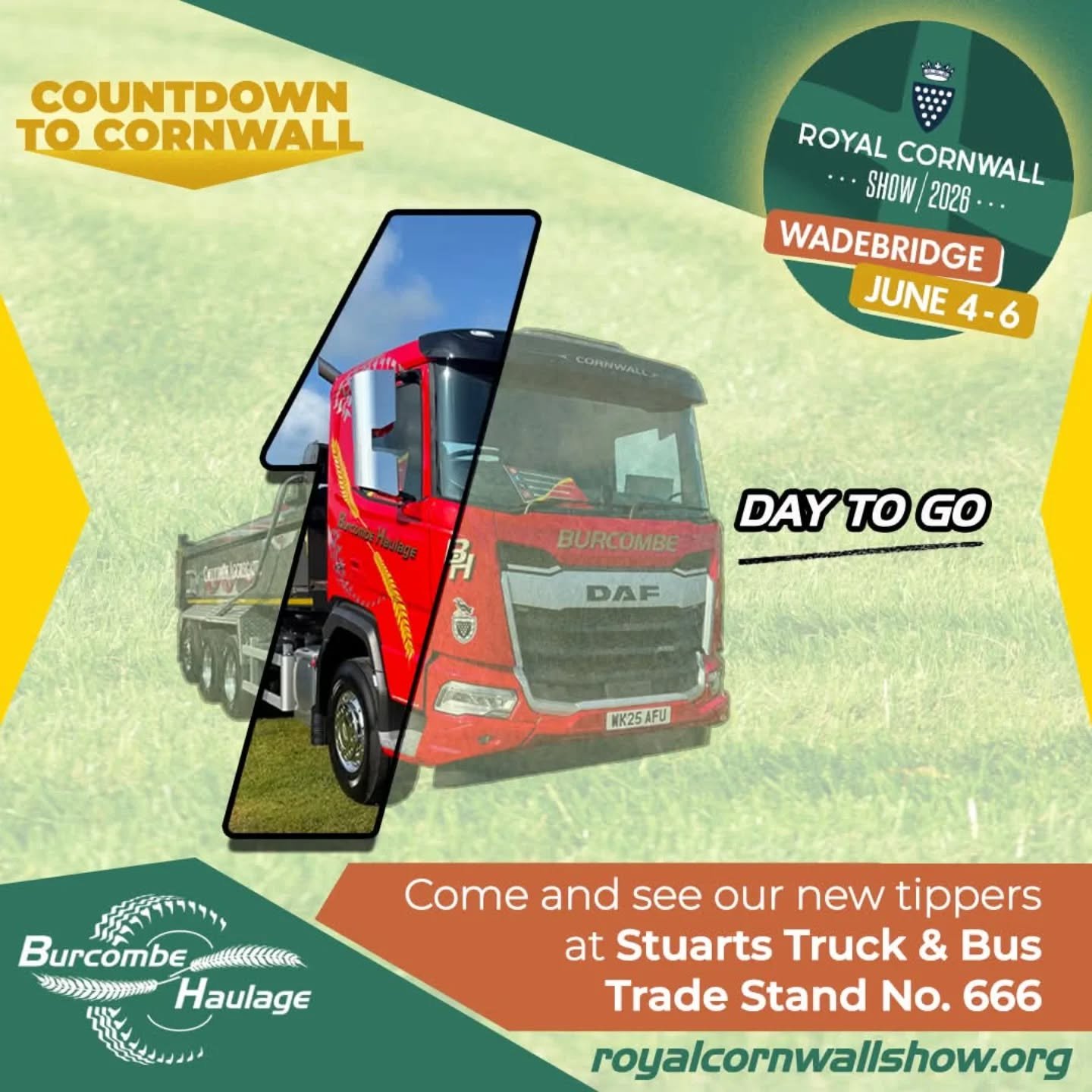It's Show Eve! 🙌

Don't forget if you're visiting Royal Cornwall Show tomorrow, Friday or Saturday, you can see our two new tippers before they head out on the road next week. 
Stop-by Stuarts Truck &amp; Bus, stand 666 (reference C2 on the show map