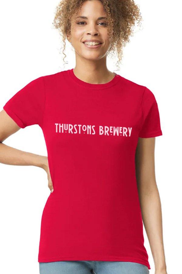 Thurstons Brewery Ladies Red T-Shirt Front on model.jpg