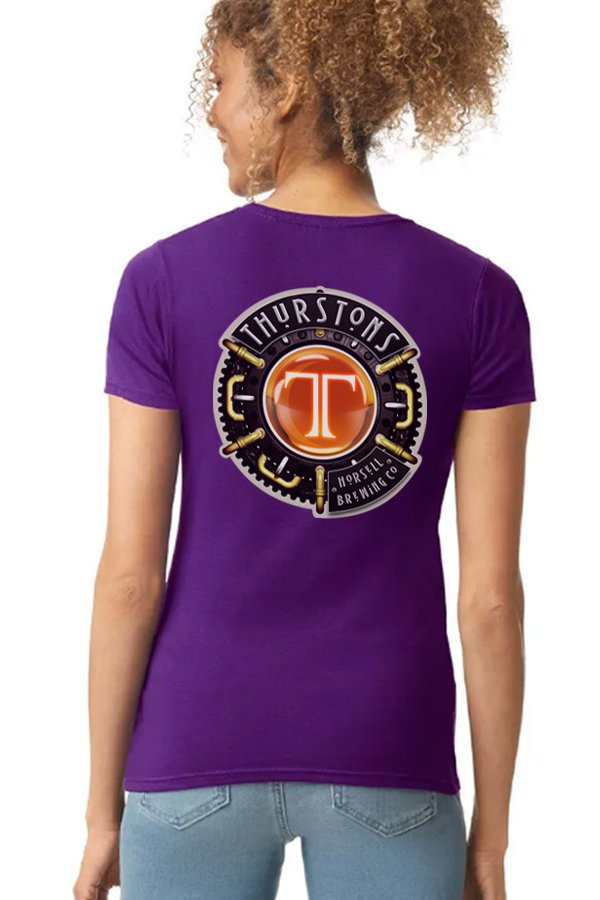 Thurstons Brewery Ladies Purple T-Shirt Back on model Logo.jpg