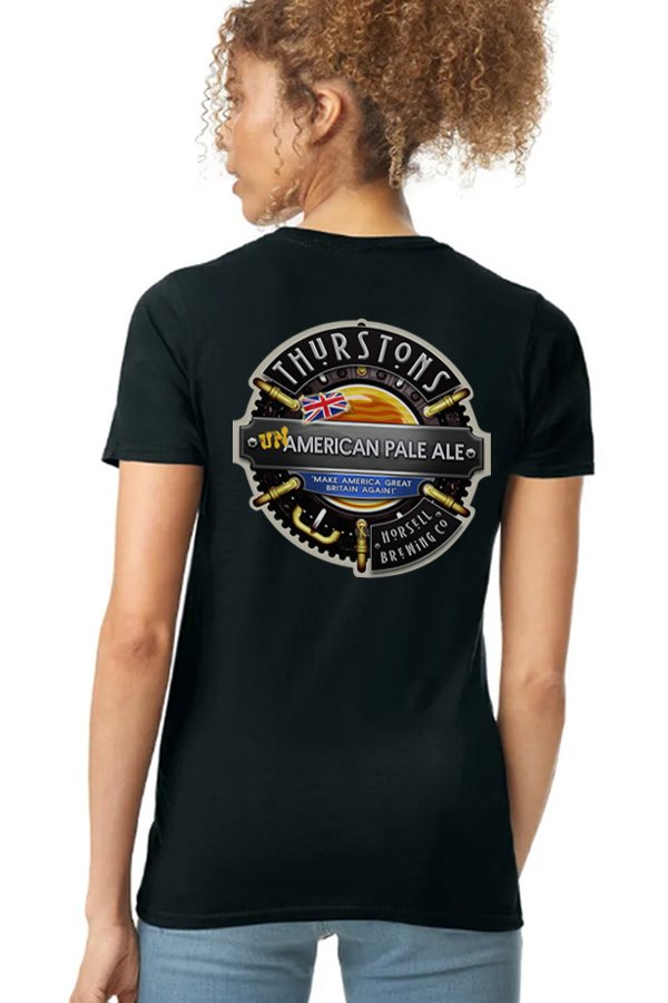Thurstons Brewery Ladies Black T-Shirt Back on model UnAmerican.jpg
