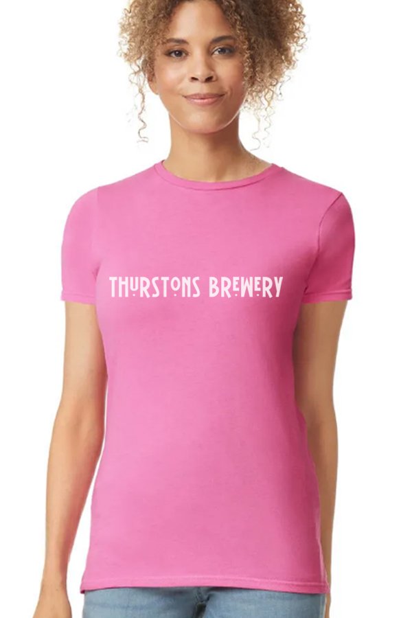 Thurstons Brewery Ladies Azelea T-Shirt Front on model.jpg