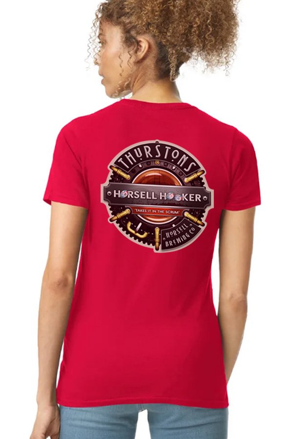Thurstons Brewery Ladies Red T-Shirt Back on model Scrum.jpg