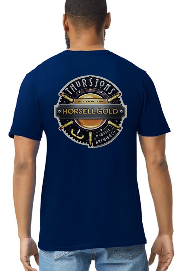 Thurstons Brewery Navy T-Shirt Back on model Gold.jpg