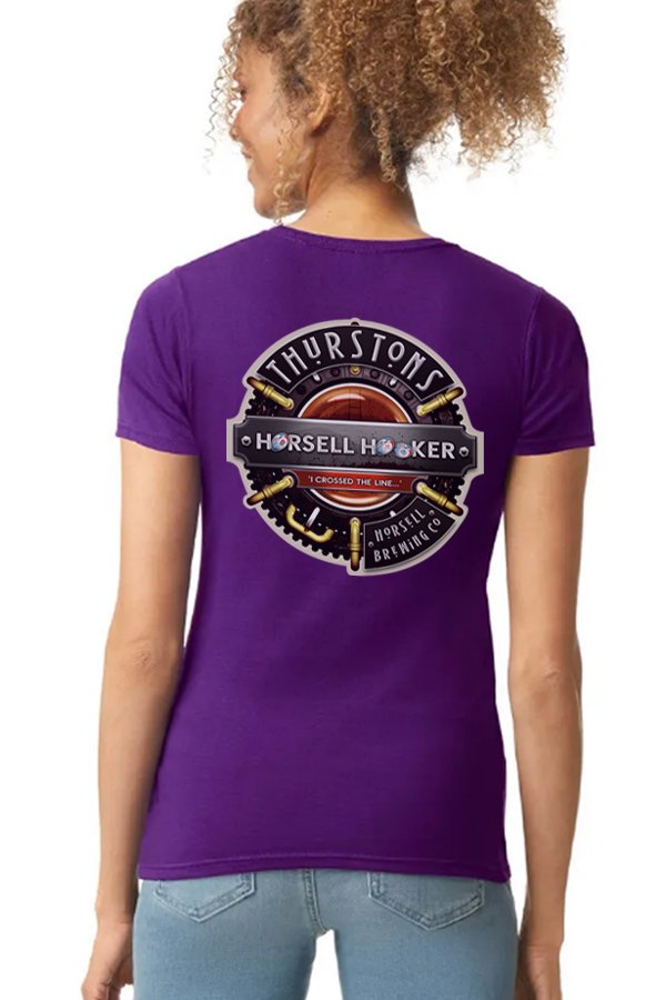 Thurstons Brewery Ladies Purple T-Shirt Back on model Cross.jpg