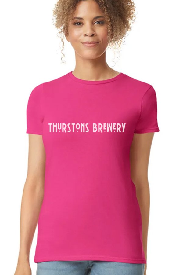 Thurstons Brewery Ladies Heliconia T-Shirt Front on model.jpg