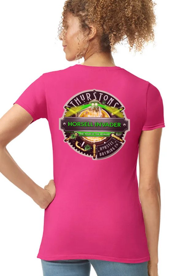 Thurstons Brewery Ladies Heliconia T-Shirt Back on model Invader.jpg