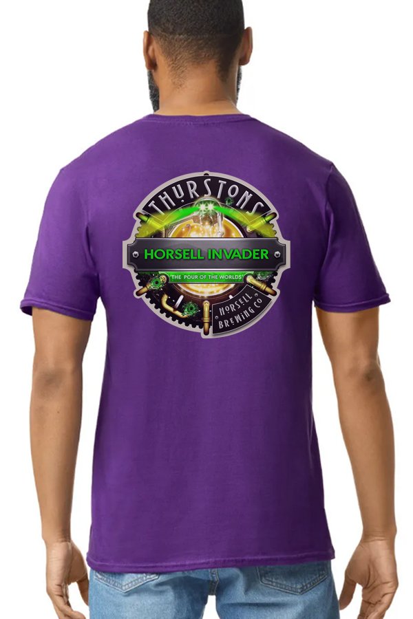Thurstons Brewery Purple T-Shirt Back on model Invader.jpg