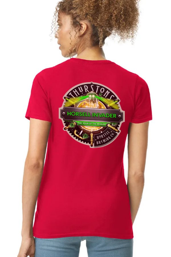 Thurstons Brewery Ladies Red T-Shirt Back on model Invader.jpg