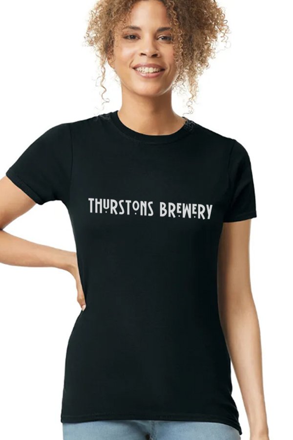 Thurstons Brewery Ladies Black T-Shirt Front on model.jpg
