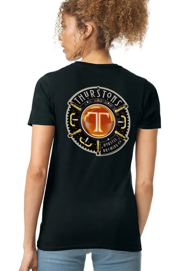 Thurstons Brewery Ladies Black T-Shirt Back on model Logo.jpg