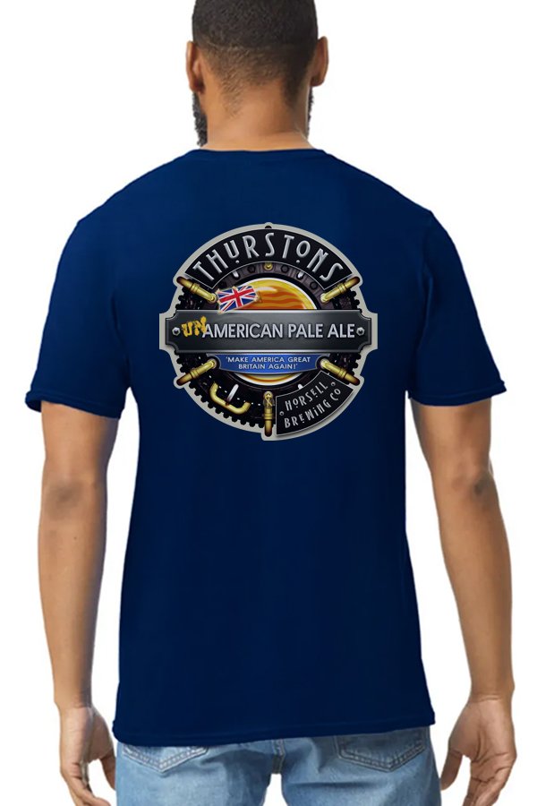 Thurstons Brewery Navy T-Shirt Back on model UnAmerican.jpg