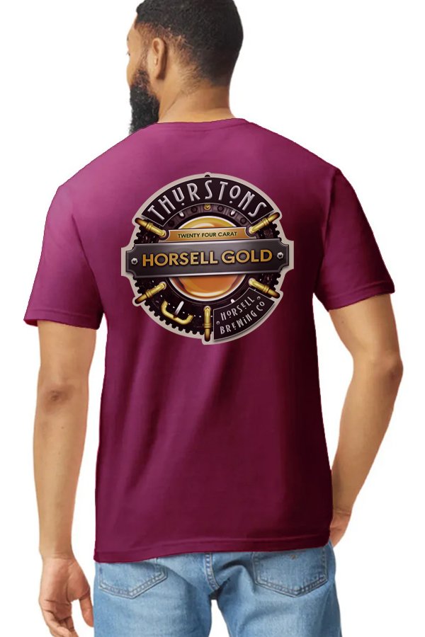 Thurstons Brewery Cardinal T-Shirt Back on model Gold.jpg