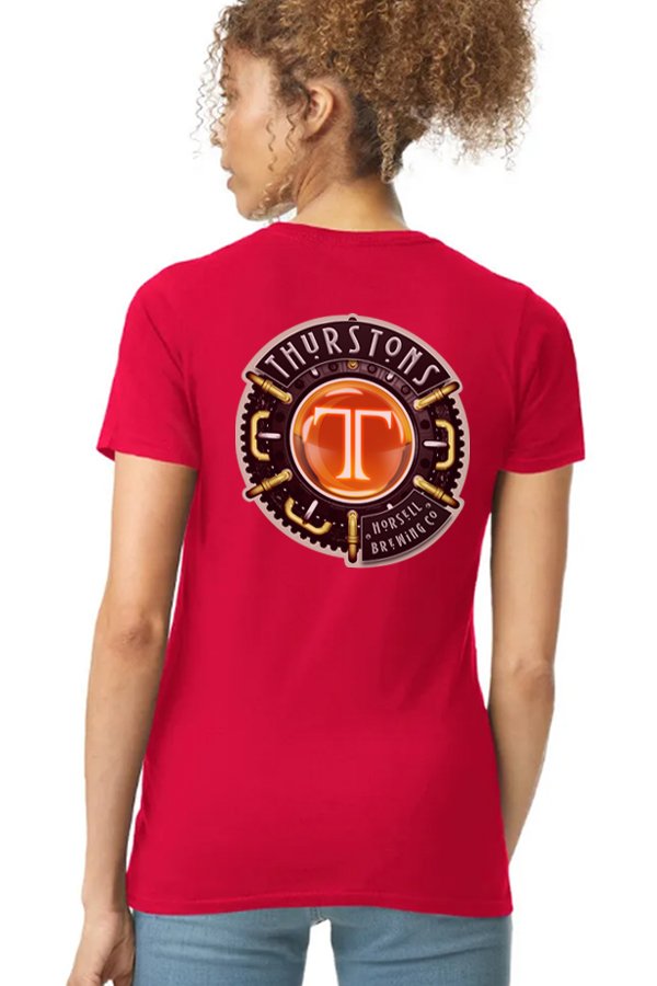 Thurstons Brewery Ladies Red T-Shirt Back on model Logo.jpg