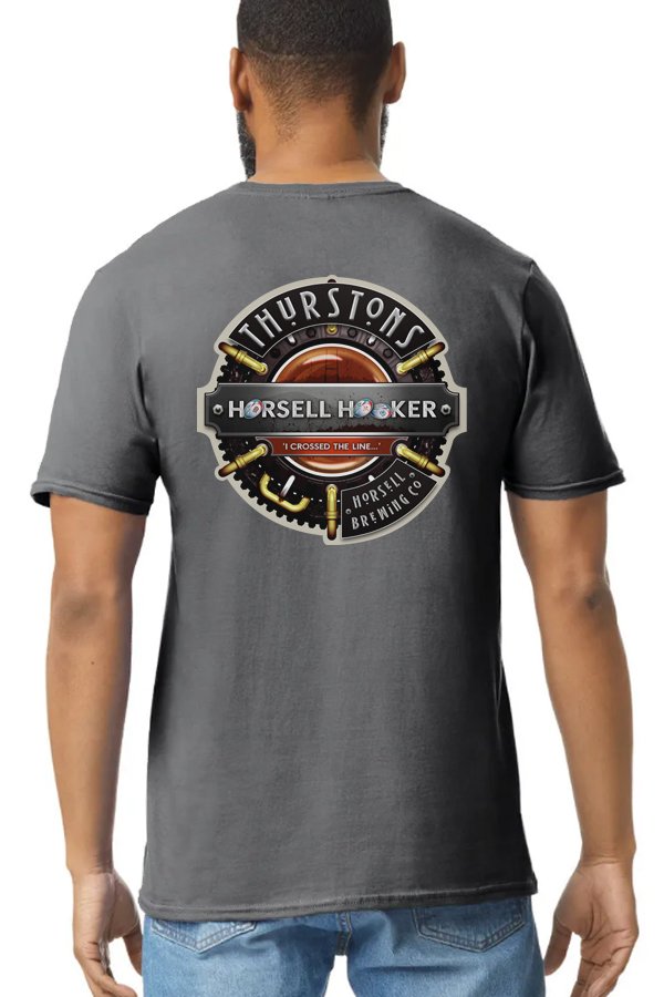 Thurstons Brewery Charcoal T-Shirt Back on model Cross.jpg