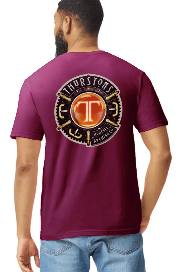 Thurstons Brewery Cardinal T-Shirt Back on model Logo.jpg