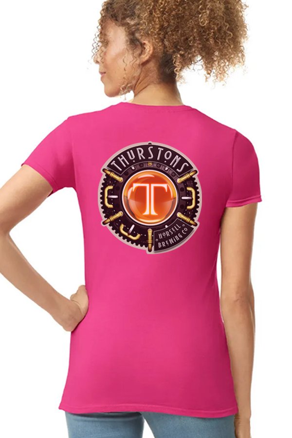 Thurstons Brewery Ladies Heliconia T-Shirt Back on model Logo.jpg