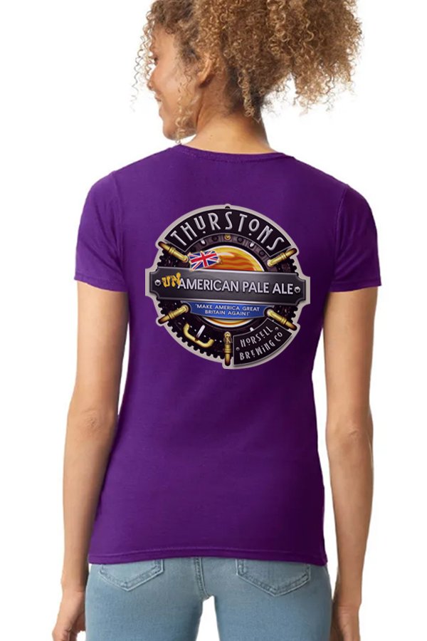 Thurstons Brewery Ladies Purple T-Shirt Back on model UnAmerican.jpg