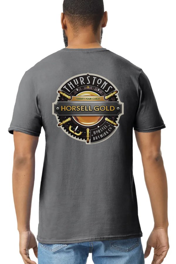 Thurstons Brewery Charcoal T-Shirt Back on model Gold.jpg