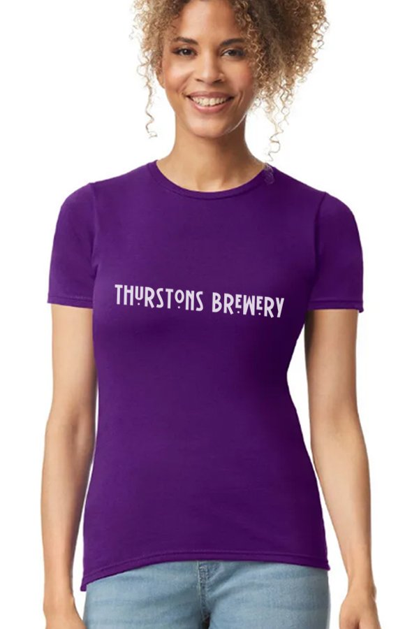 Thurstons Brewery Ladies Purple T-Shirt Front on model.jpg