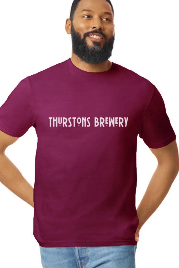 Thurstons Brewery Cardinal Red T-Shirt Front on model.jpg