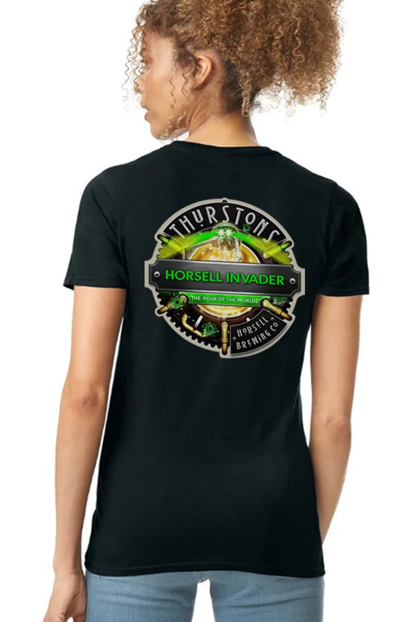 Thurstons Brewery Ladies Black T-Shirt Back on model Invader.jpg