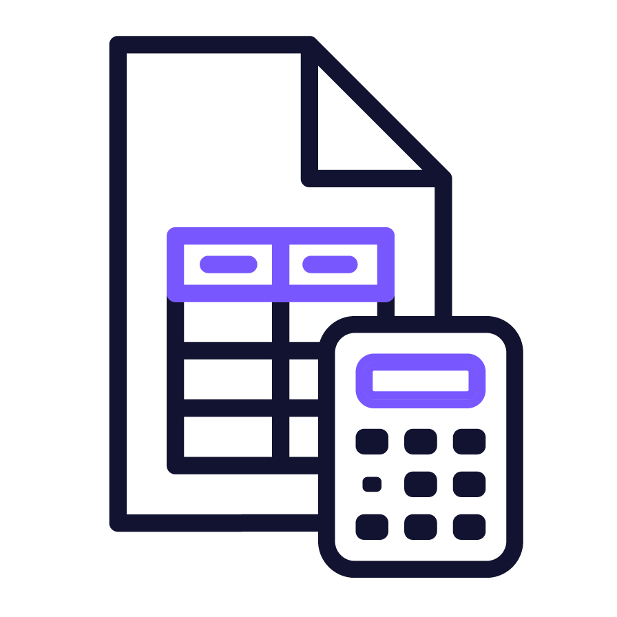Illustration of a mobile banking app, bank statement, and calculator in neon outline style.