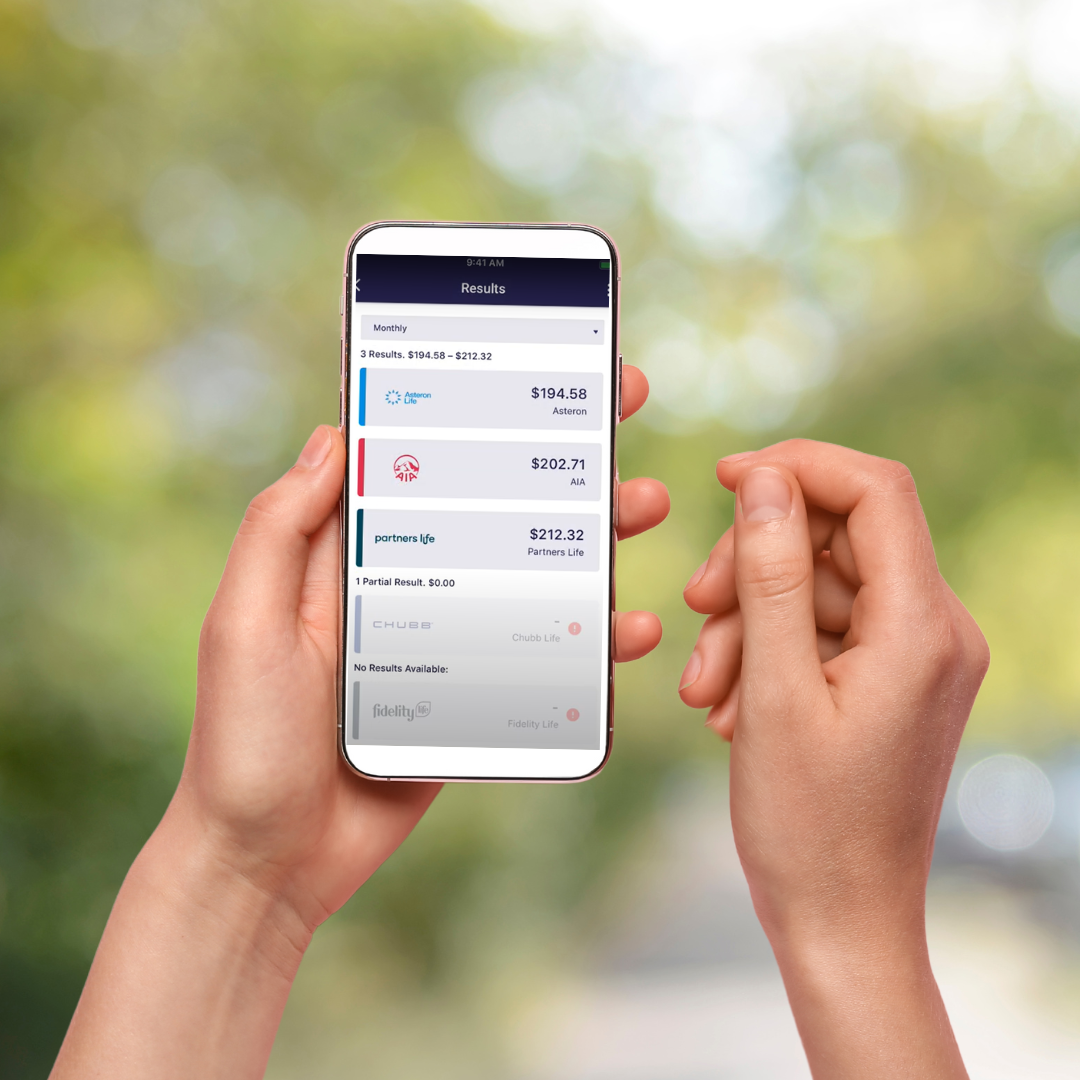 Person holding a smartphone displaying an insurance comparison app outdoors. The app shows results for Asteron, AIA, and Partners Life insurance providers with respective costs.