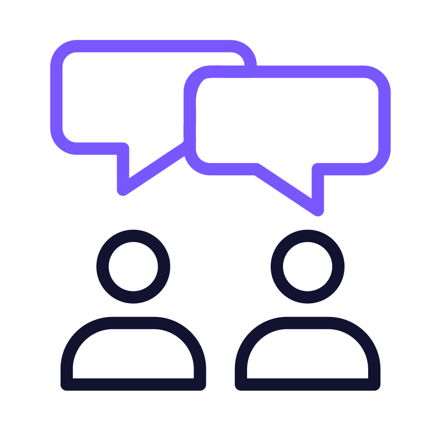 Digital illustration of two people having a conversation, represented by outline icons with speech bubbles above their heads, on a black background.