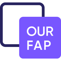 Graphic with dark outlines and a purple square overlapping a black square, featuring the text "OUR FAP" in white.