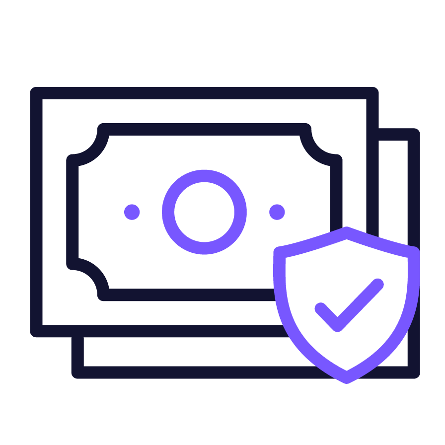 Illustration of a stack of dollar bills with a shield and check mark, symbolizing secure money or financial security.