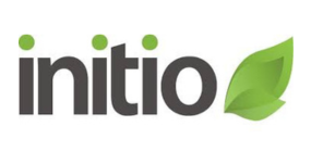 Logo with the word 'initio' in lowercase letters and a green leaf design