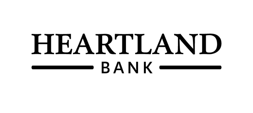 Black and white logo for Heartland Bank with the bank's name in bold uppercase letters and two horizontal lines.