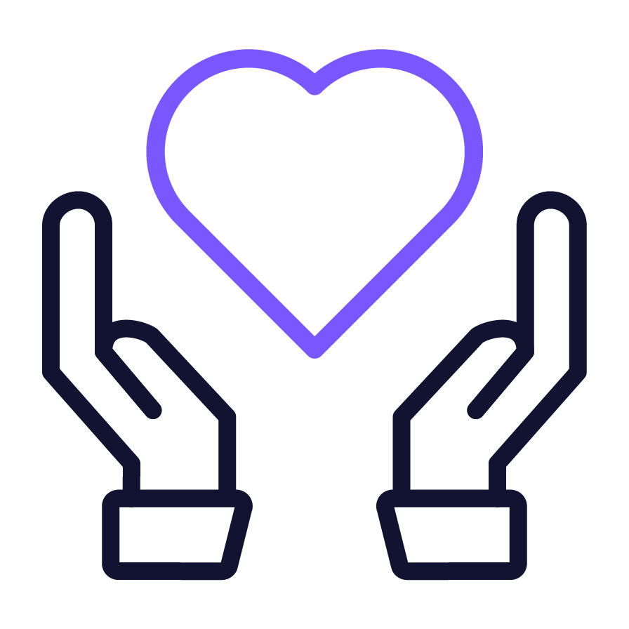Outline drawing of two hands holding a heart.