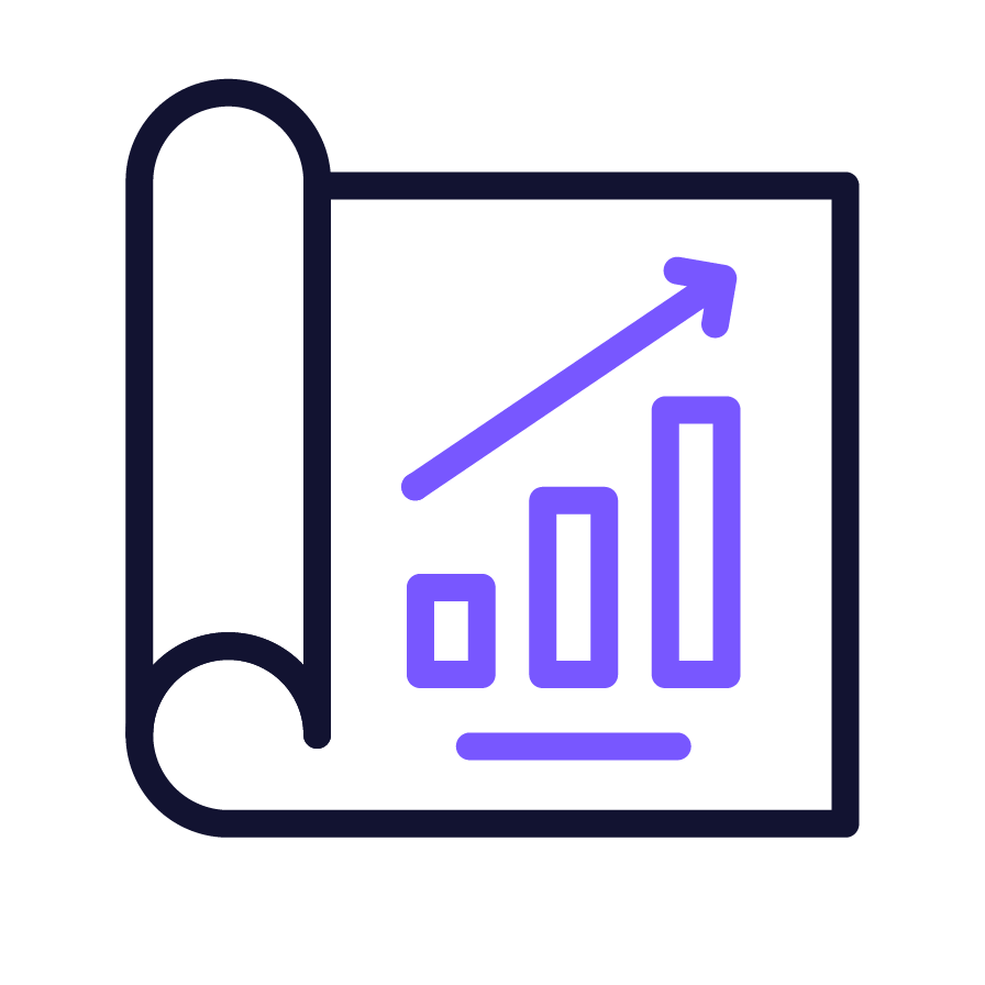 Stylized icon of a report or presentation with a bar chart and an upward arrow, representing growth or success.