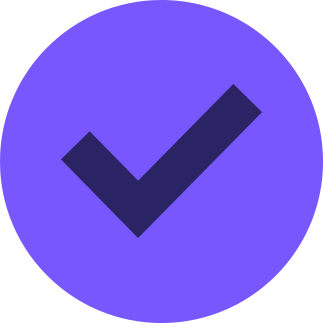 A purple circular icon with a dark check mark in the center.
