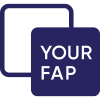 A dark blue icon with two squares overlapping, one with a label that says 'YOUR FAP' in white text