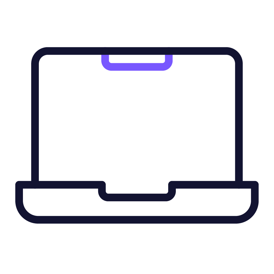 Illustration of a laptop computer with a dark background and purple accents.