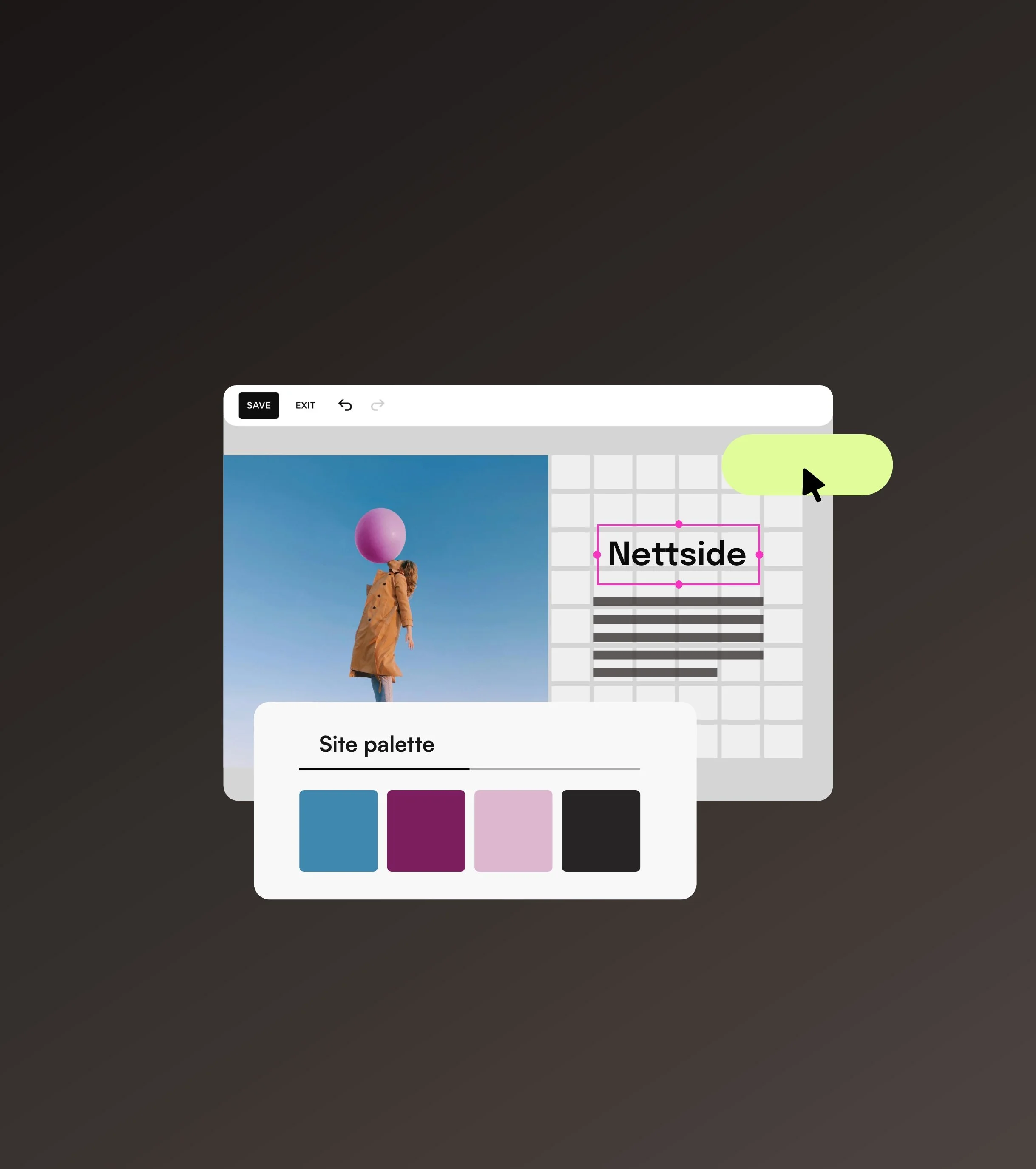 Bilde av en nettside illustrasjon, bygget i squarespace som viser fargepalett og layout - oslo
