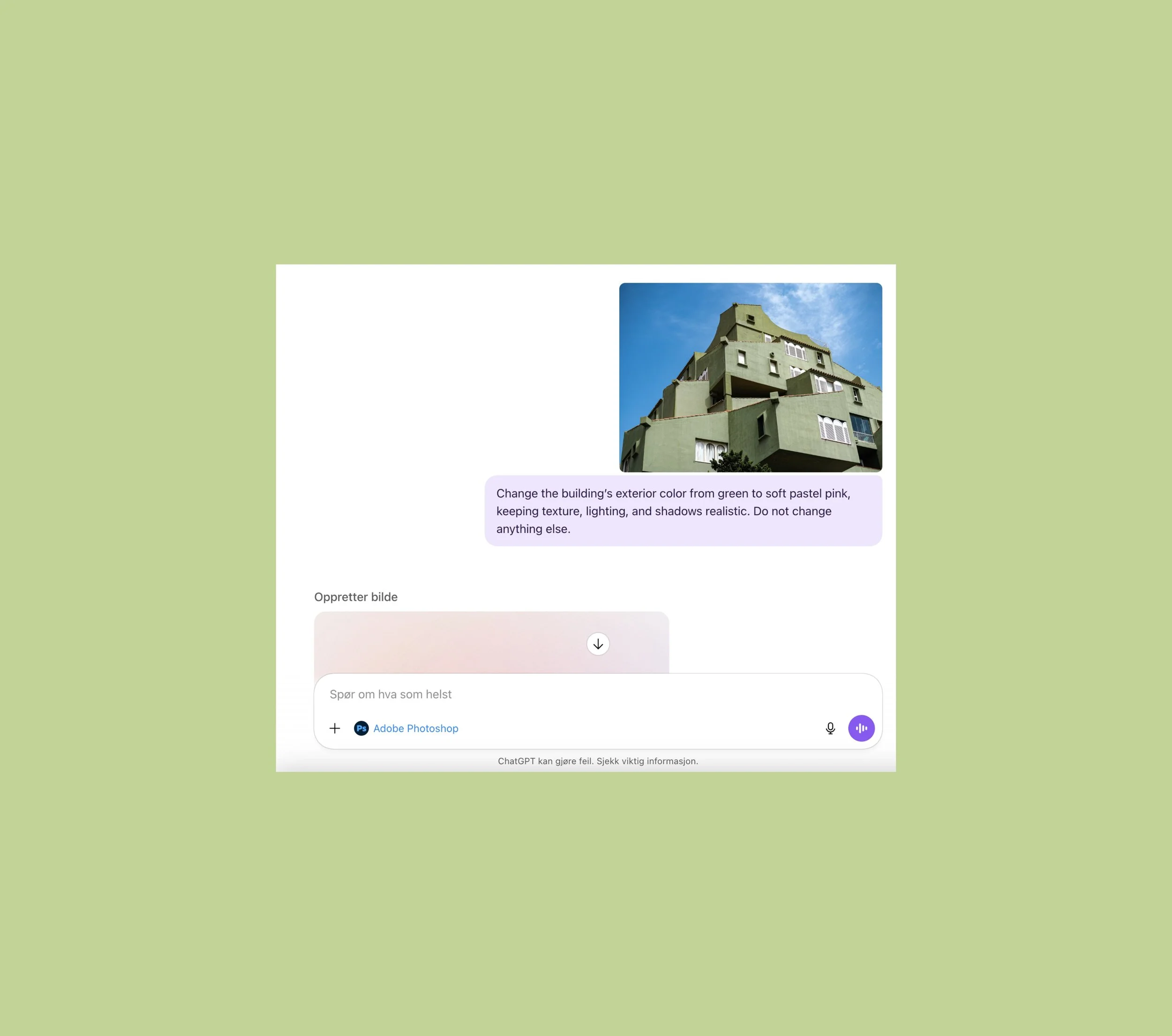 Bilde av Chat GPT med en promt som skal redigere et bilde i chatten