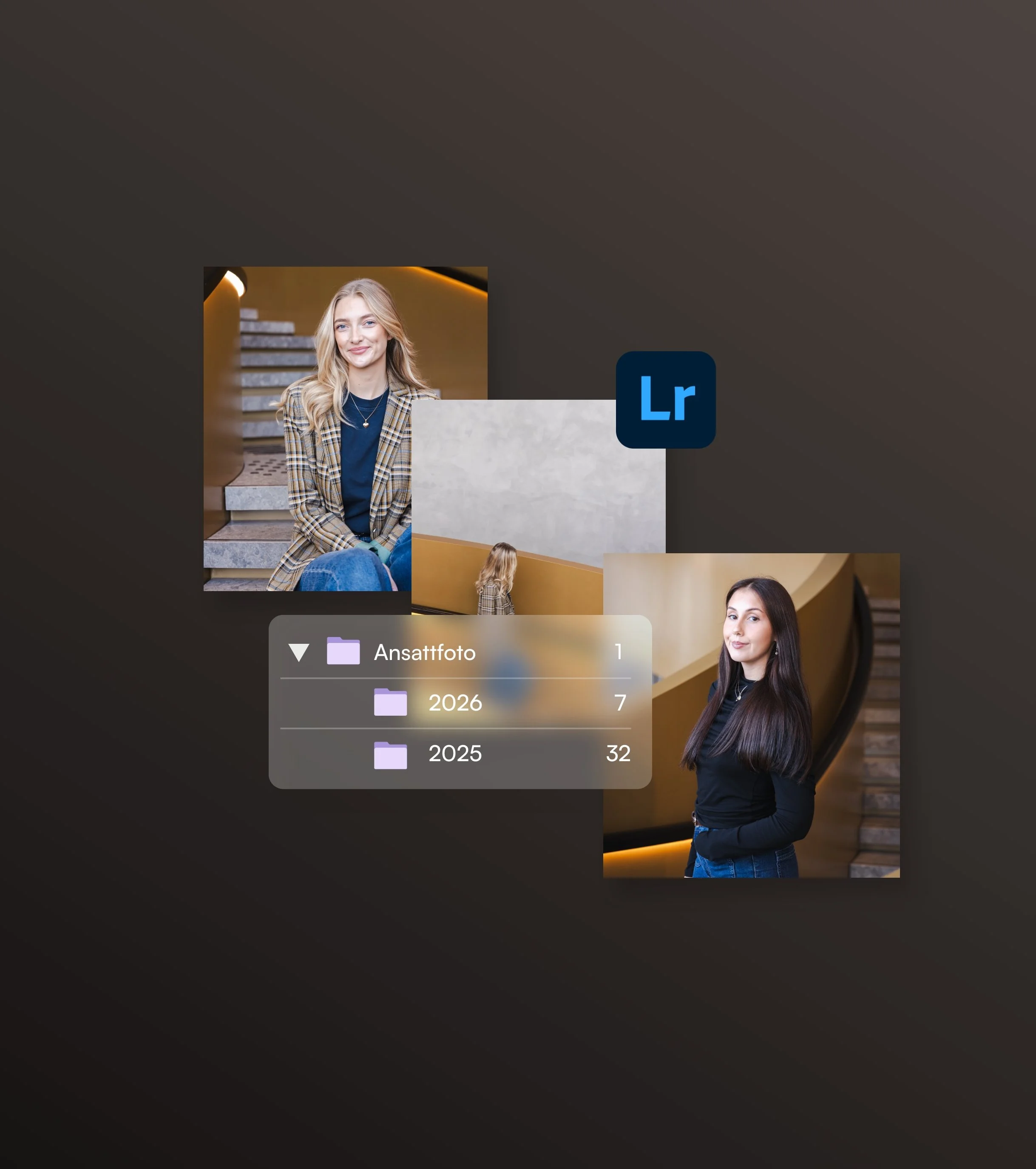 Bilde av en illustrasjon som viser lightroom logo, og bilder av ansatte hos Samare