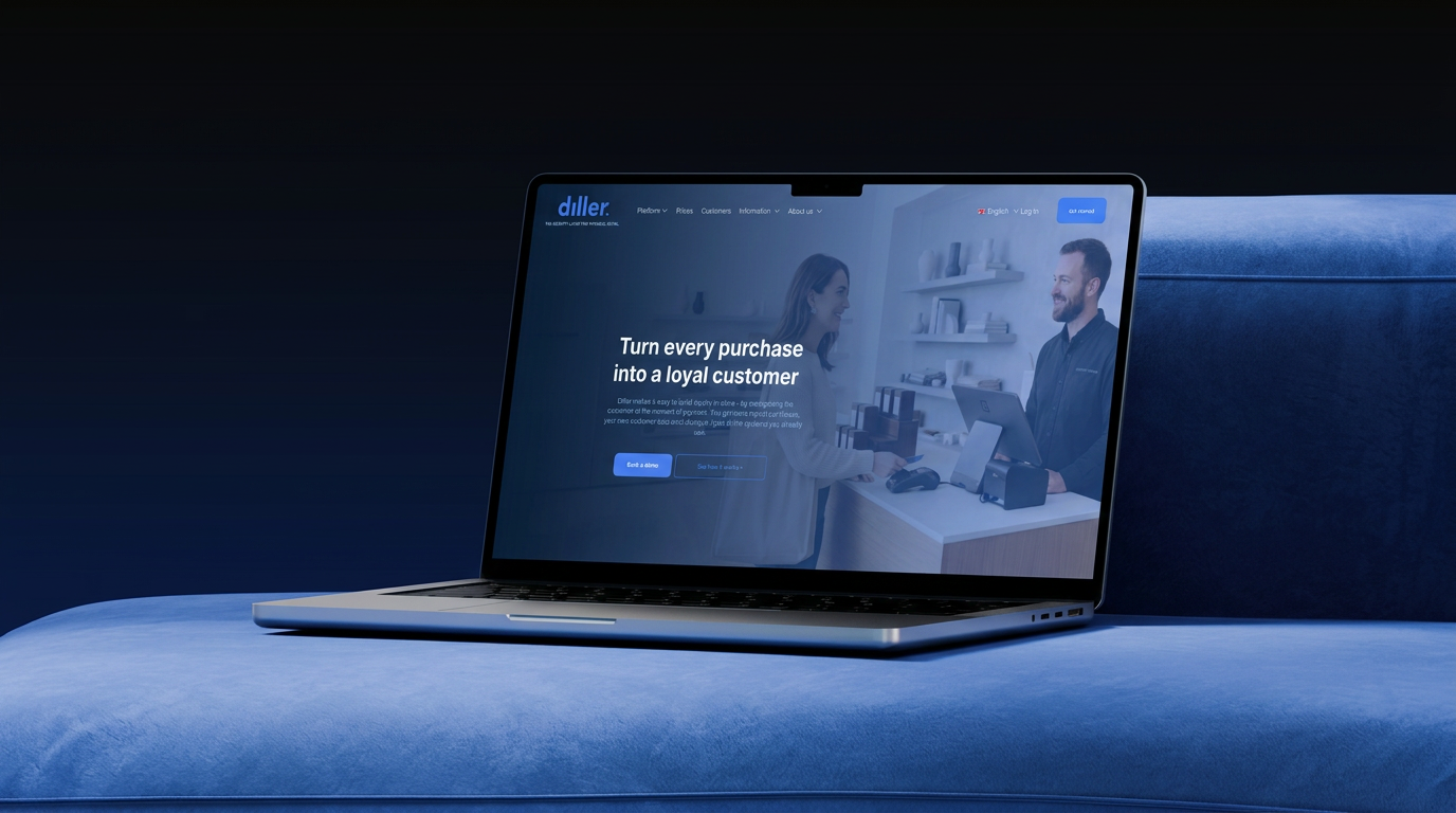 Nettsiden til Diller vist på en bærbar datamaskin på en blå fløyelssofa, med kampanjen «Turn every purchase into a loyal customer».