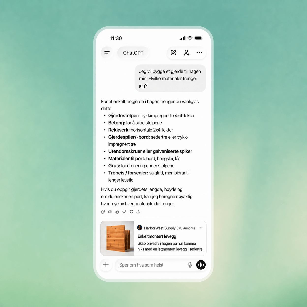 Skjermbilde som viser hvordan en kontekstuell annonse dukker opp i en ChatGPT-samtale