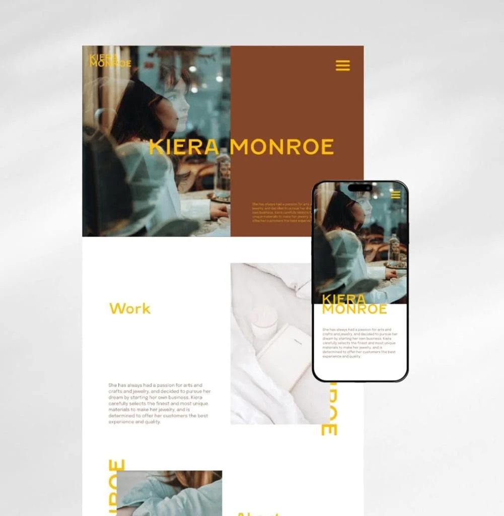 Nettsider: Eksempel på en moderne nettside og mobilvisning utviklet med Squarespace, som gjør det enklere for kunder å administrere siden etter lansering.