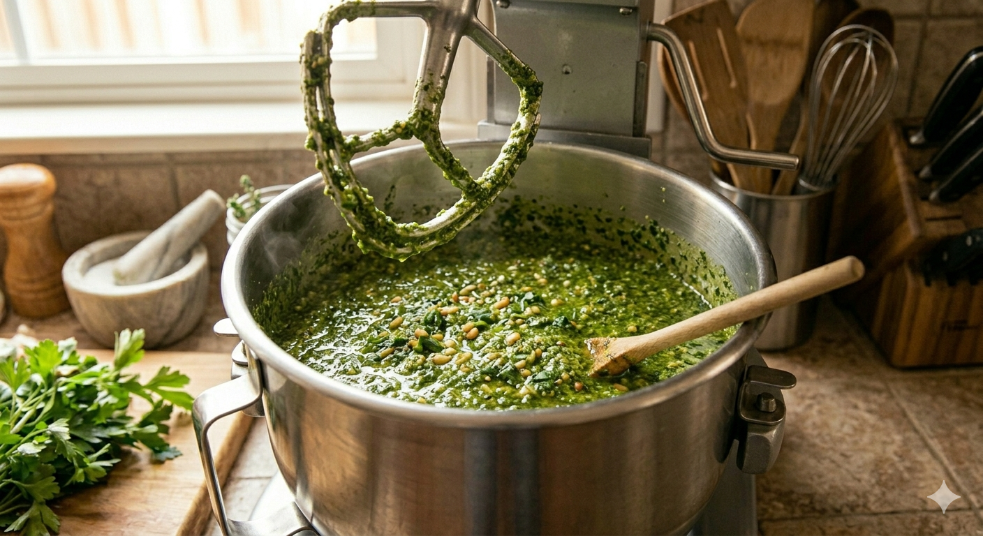 A large stainless steel pot containing blended green sauce with pine nuts and sesame seeds, sitting on a kitchen countertop with kitchen utensils and herbs nearby.