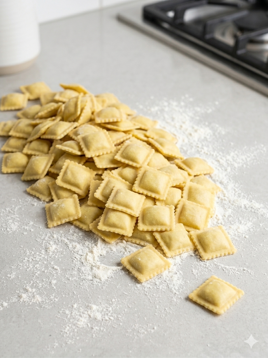 Uncooked ravioli pasta scattered on a flour-dusted countertop near a stove.