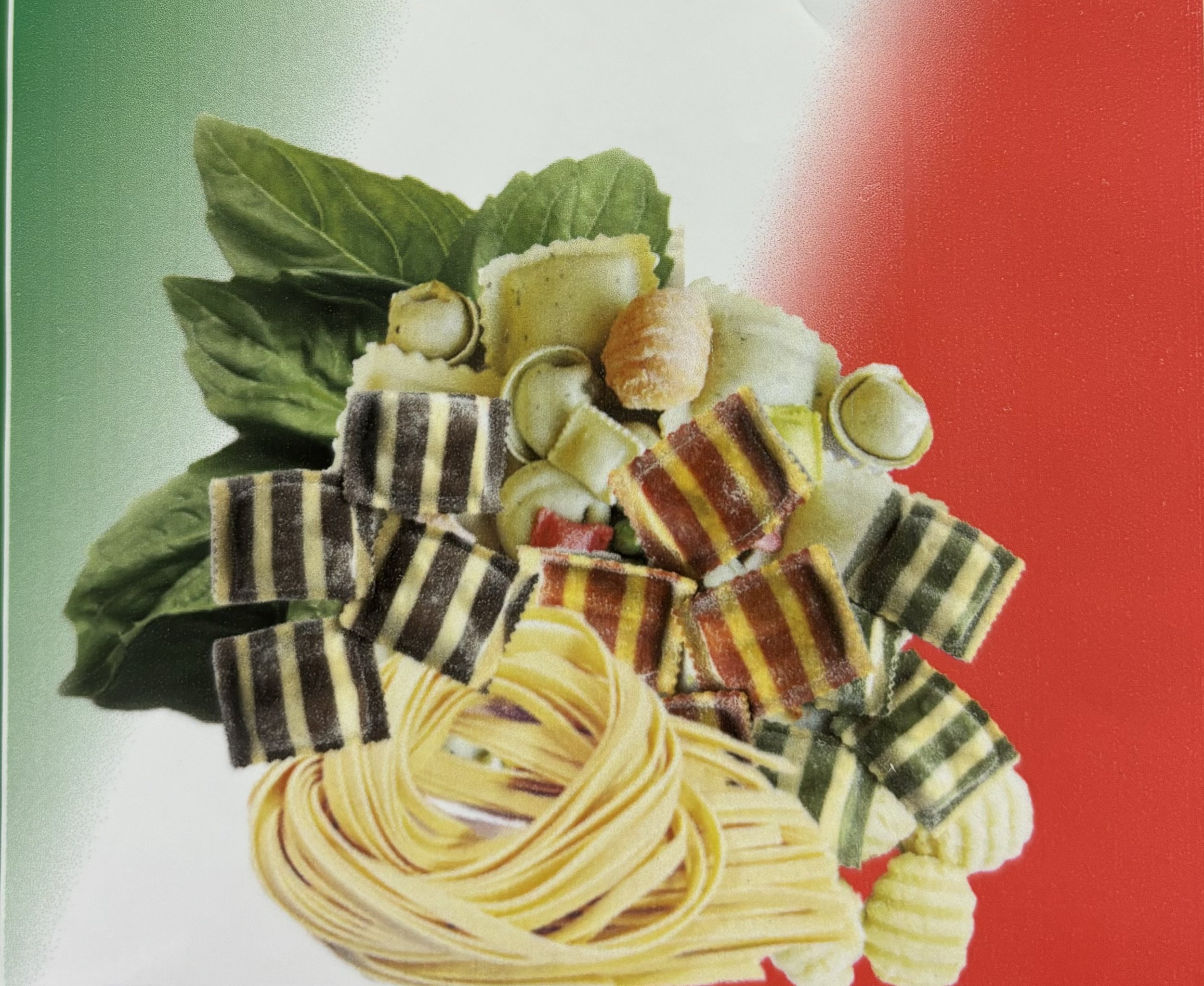 Colorful assorted Italian-style pasta with basil leaves on a white and red background.