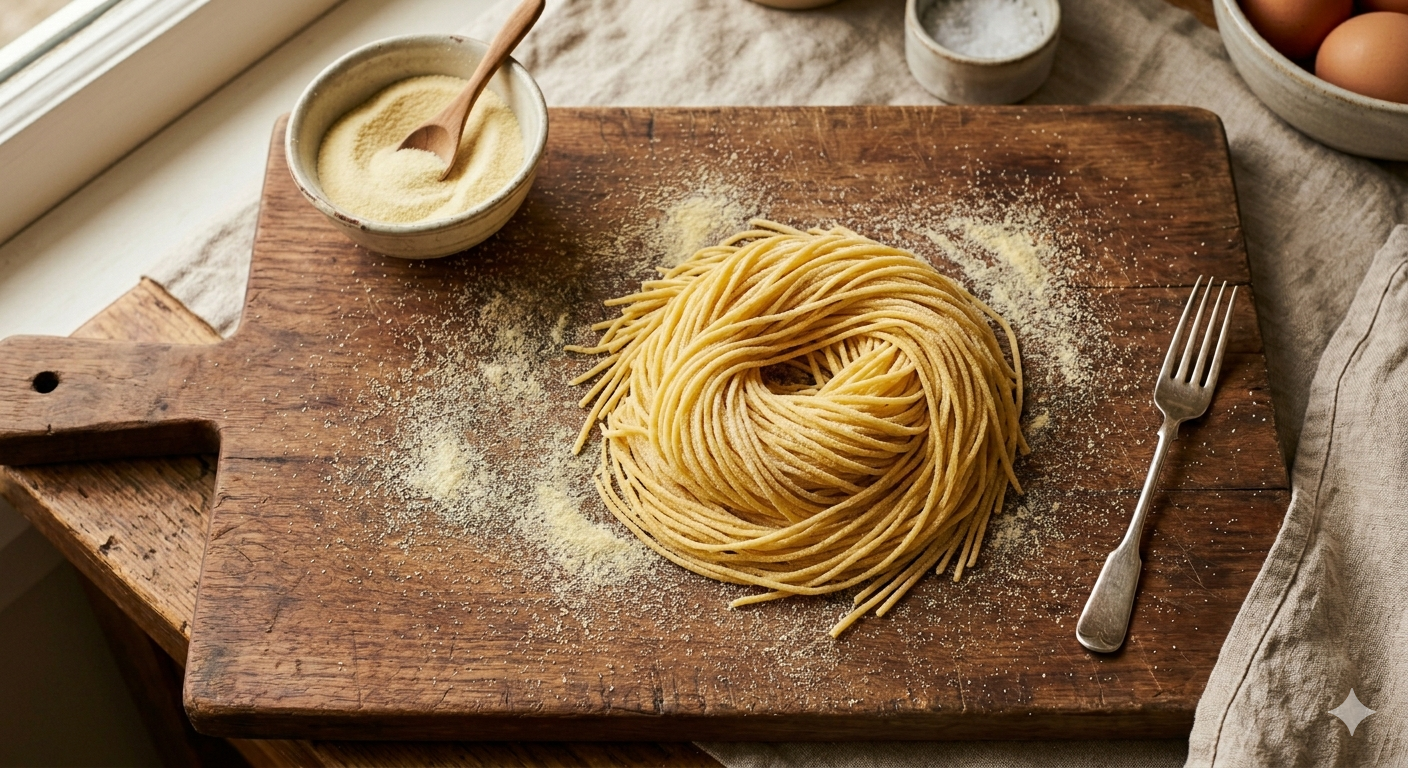 Un supuesto en una tabla de madera con fideos de espagueti, un bol con harina y una cuchara, con huevos en un recipiente y una cuchara en la esquina.