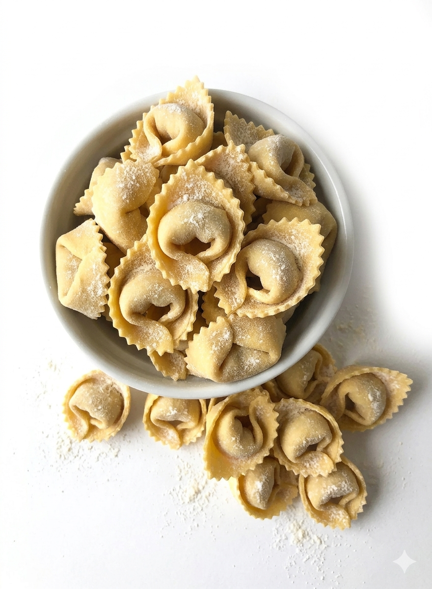 Bowl of uncooked tortellini pasta with some spilled on a white surface.