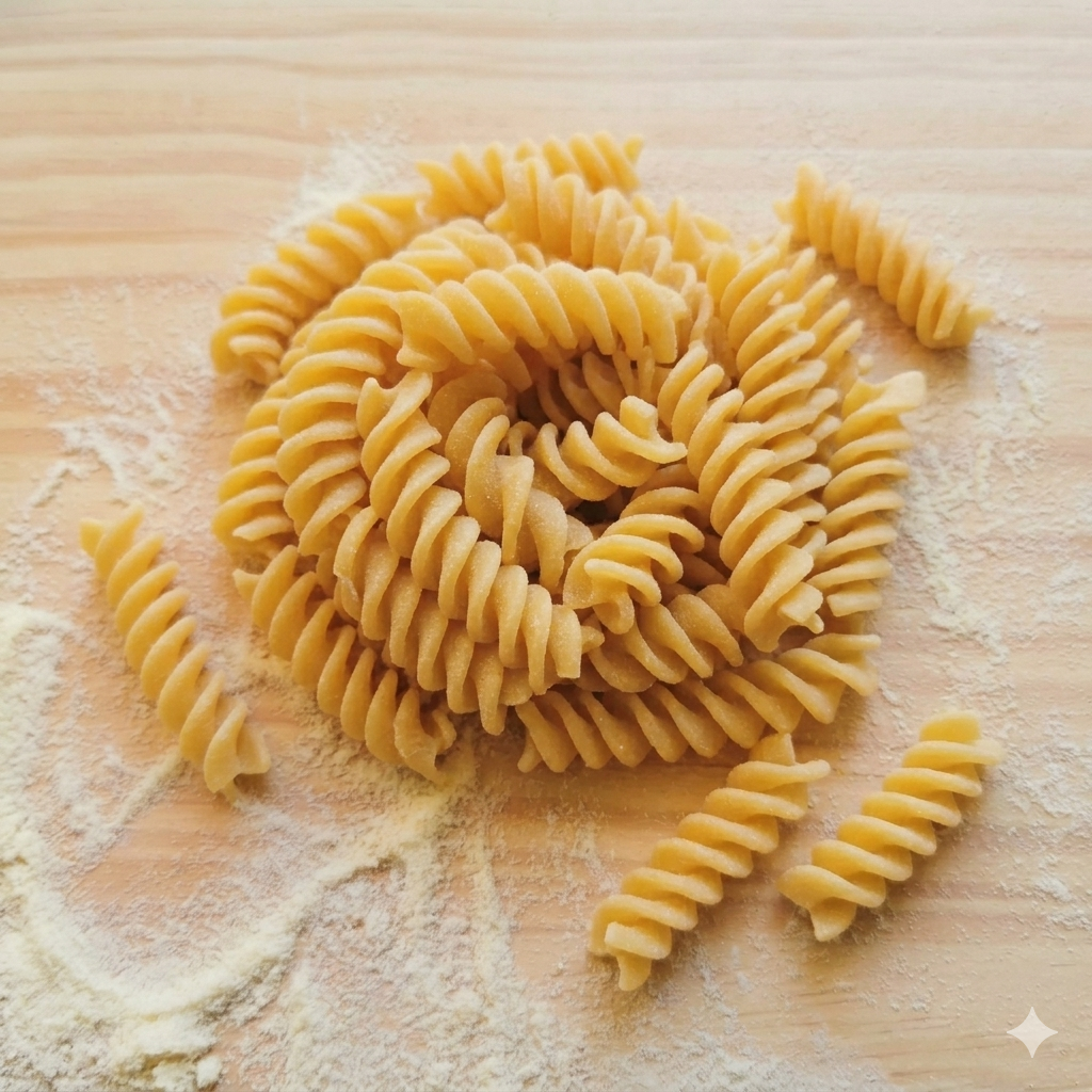 Uncooked fusilli pasta on a floured wooden surface.