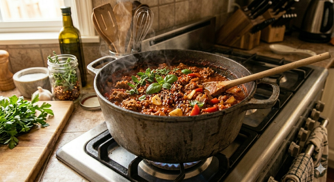 A pot of beef stew with vegetables cooking on a stove, garnished with fresh herbs.
